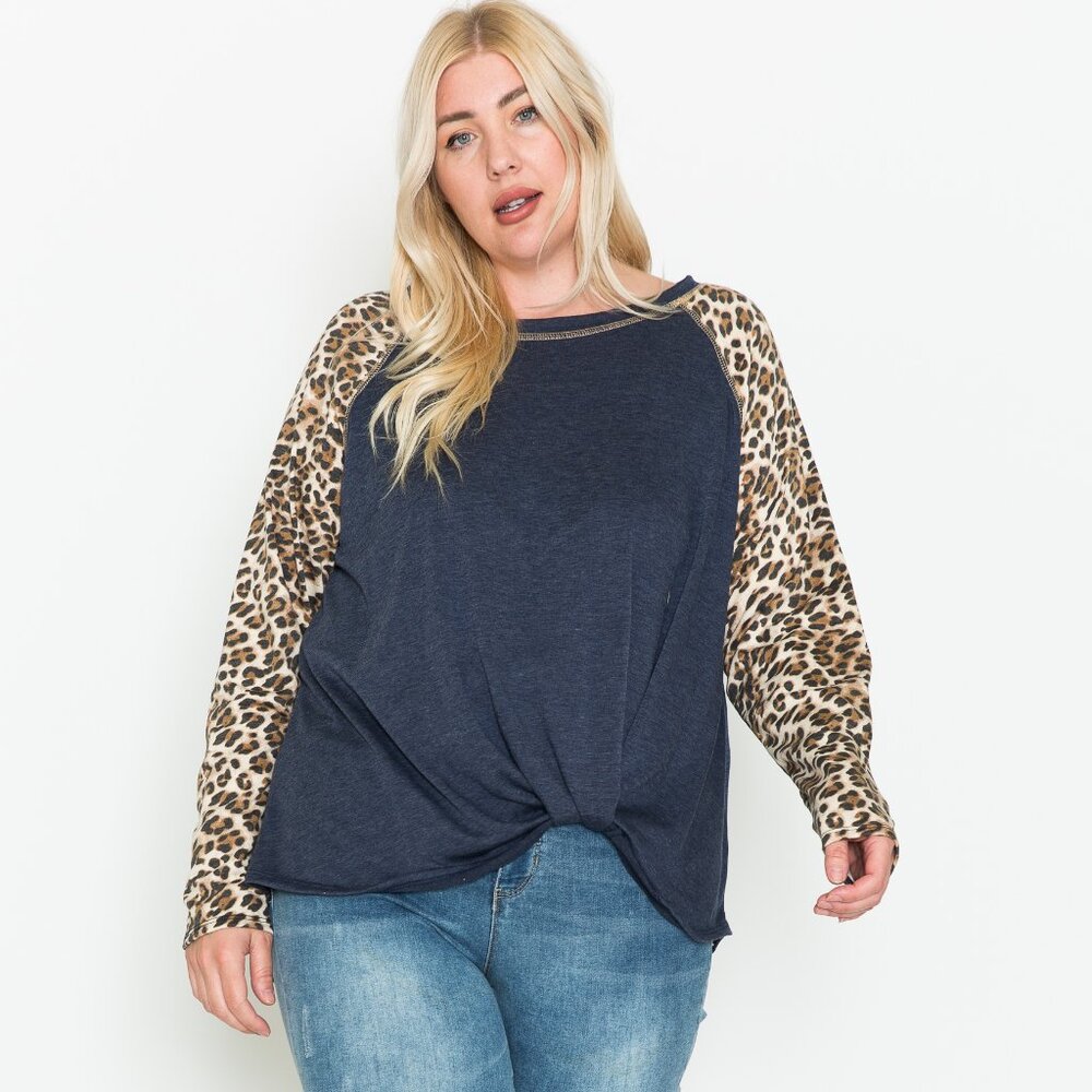 Plus Size Brown/Navy Leopard Long Sleeve Print with Hem Knot Top